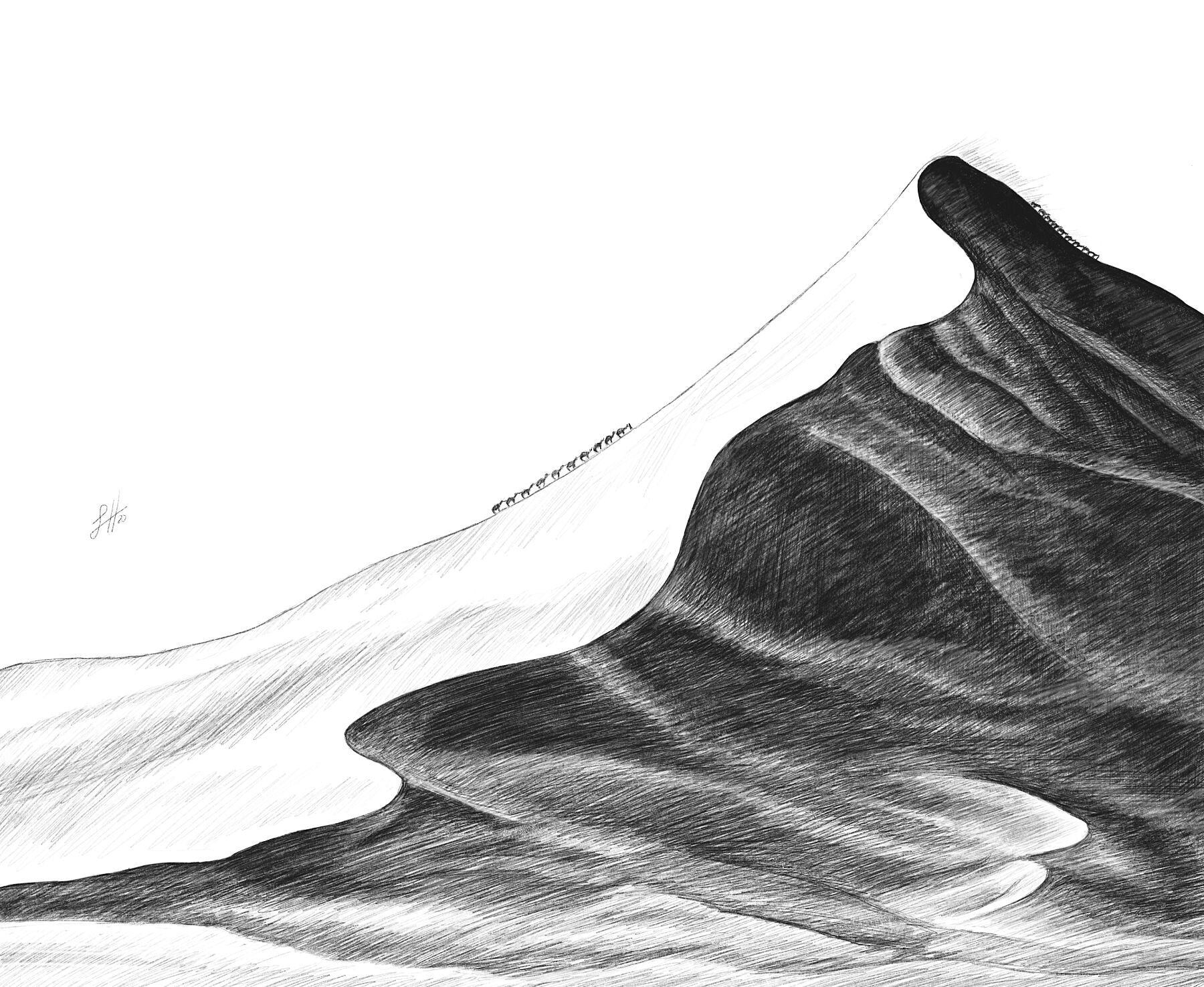 A pencil drawing of a vast sand dune with a caravan of camels climbing to the peak, in a black and white colour scheme. Signed on the left by Sophie Hall.