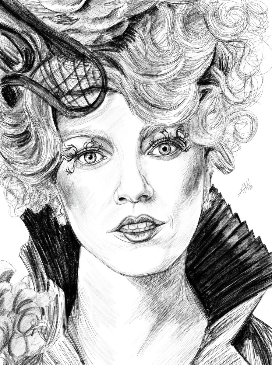A detailed monochrome pencil portrait of the character Effie Trinket from The Hunger Games, signed by Sophie Hall.