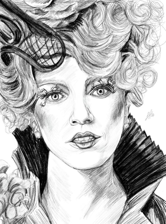 A detailed monochrome pencil portrait of the character Effie Trinket from The Hunger Games, signed by Sophie Hall.