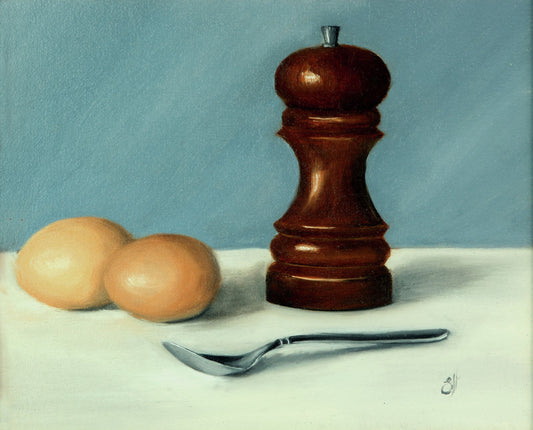 Traditional still life oil painting featuring a wooden salt cellar, two eggs, and a spoon on a white surface, against a blue background, signed by the artist Sophie Hall.