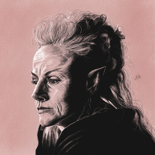 A detailed pencil and chalk portrait of Maxine Peake as Titania, queen of the fairies, on a pink pastel textured background. Signed on the right side with Sophie Hall's monogram.