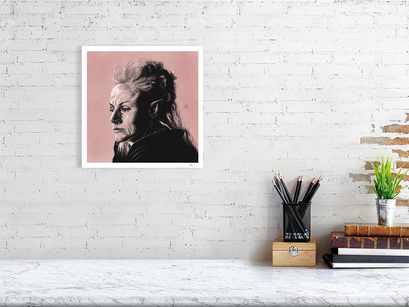 A large unframed pencil and chalk portrait of Maxine Peake as Titania, on a pink pastel textured background. Hanging on a white brick wall over a desk.
