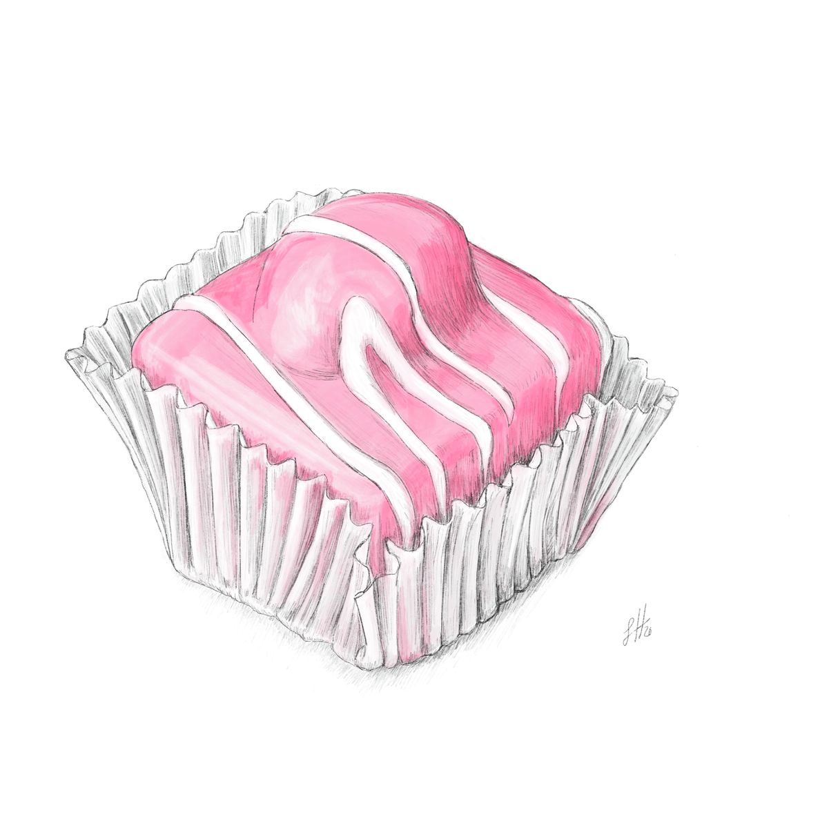 A pencil and watercolour drawing of a pink fondant fancy cake with white stripes, presented in a square format. Signed on the right by Sophie Hall.
