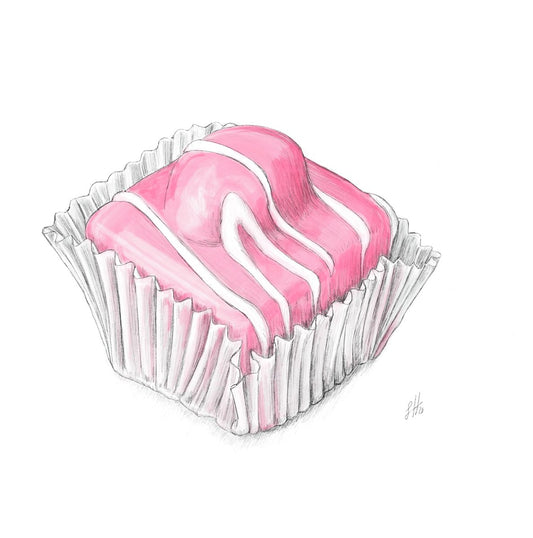 A pencil and watercolour drawing of a pink fondant fancy cake with white stripes, presented in a square format. Signed on the right by Sophie Hall.