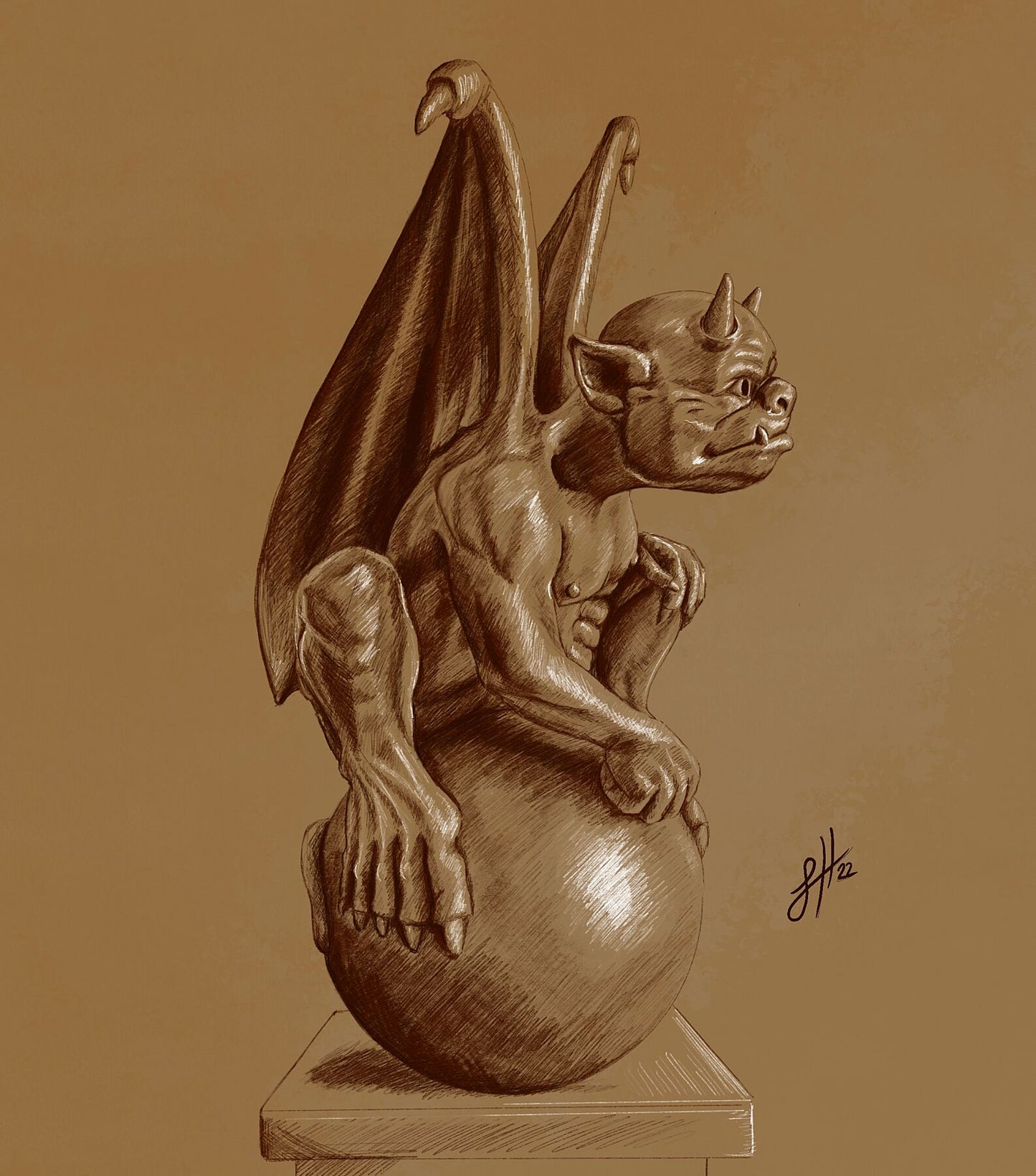 A detailed pencil drawing of a winged gargoyle creature sitting on a ball, rendered in brown pencil and chalk on a textured sienna paper and monogram signed by Sophie Hall.