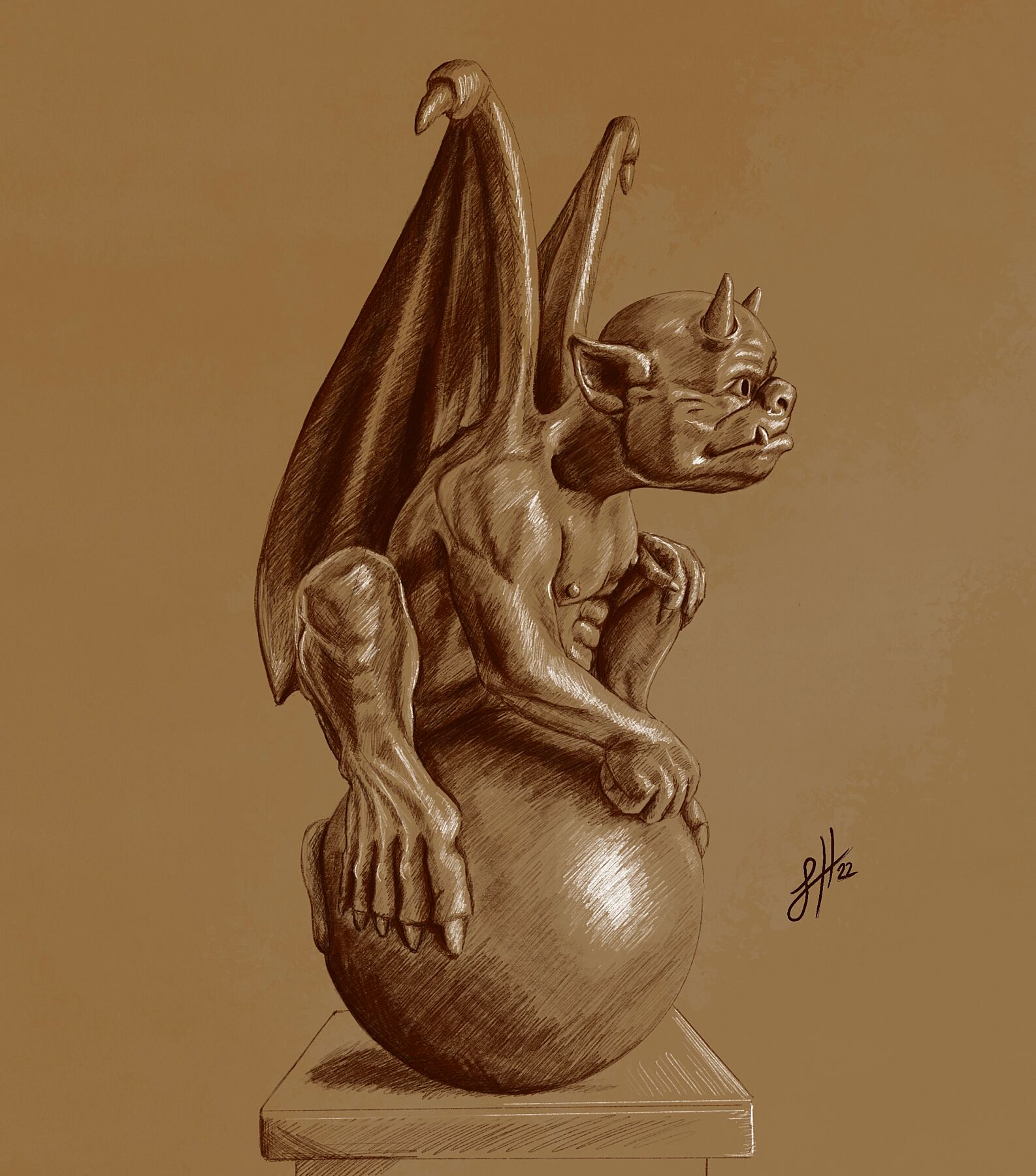 A detailed pencil drawing of a winged gargoyle creature sitting on a ball, rendered in brown pencil and chalk on a textured sienna paper and monogram signed by Sophie Hall.
