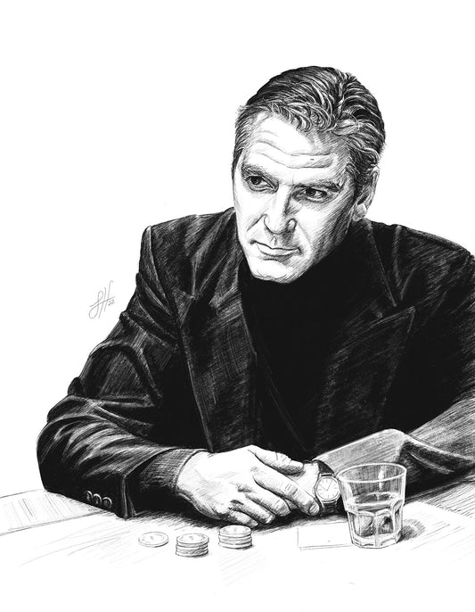 A detailed pencil portrait of George Clooney playing poker as Danny Ocean from Ocean's Eleven, drawn in black and white, signed by the artist.