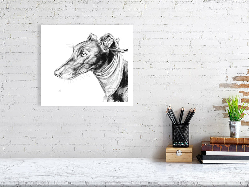 A large unframed  monochrome pencil portrait of a greyhound dog with an intense expression. Signed by Sophie Hall and hanging on a white brick wall above a desk.