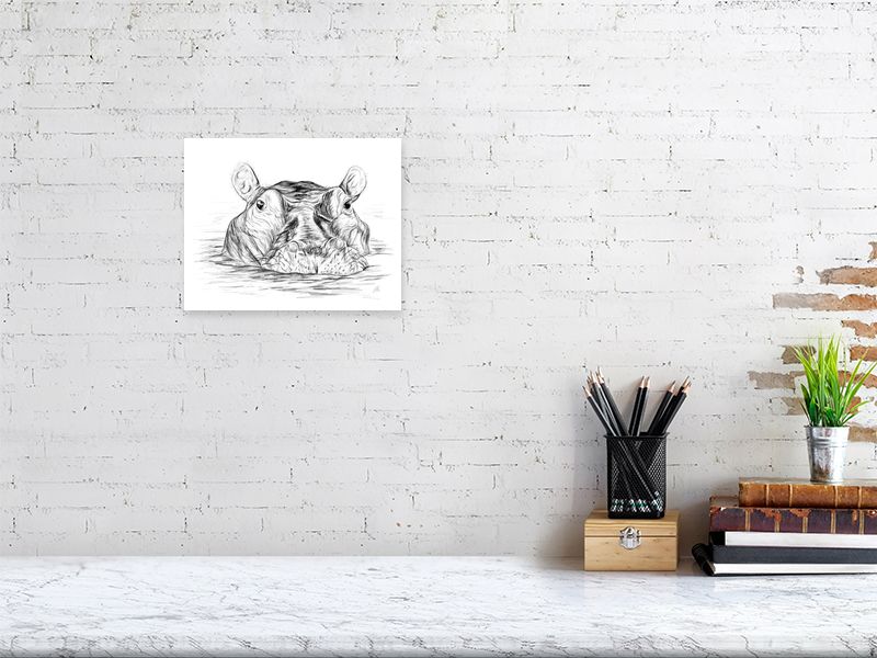A small unframed print of a pencil drawing portrait of a hippo partially submerged in water, signed by Sophie Hall and hanging on a white brick wall above a desk.