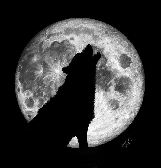 A monochrome pencil drawing of a wolf howling at the moon, with the outline of the wolf silhouetted by the large full moon behind. Signed by Sophie Hall.