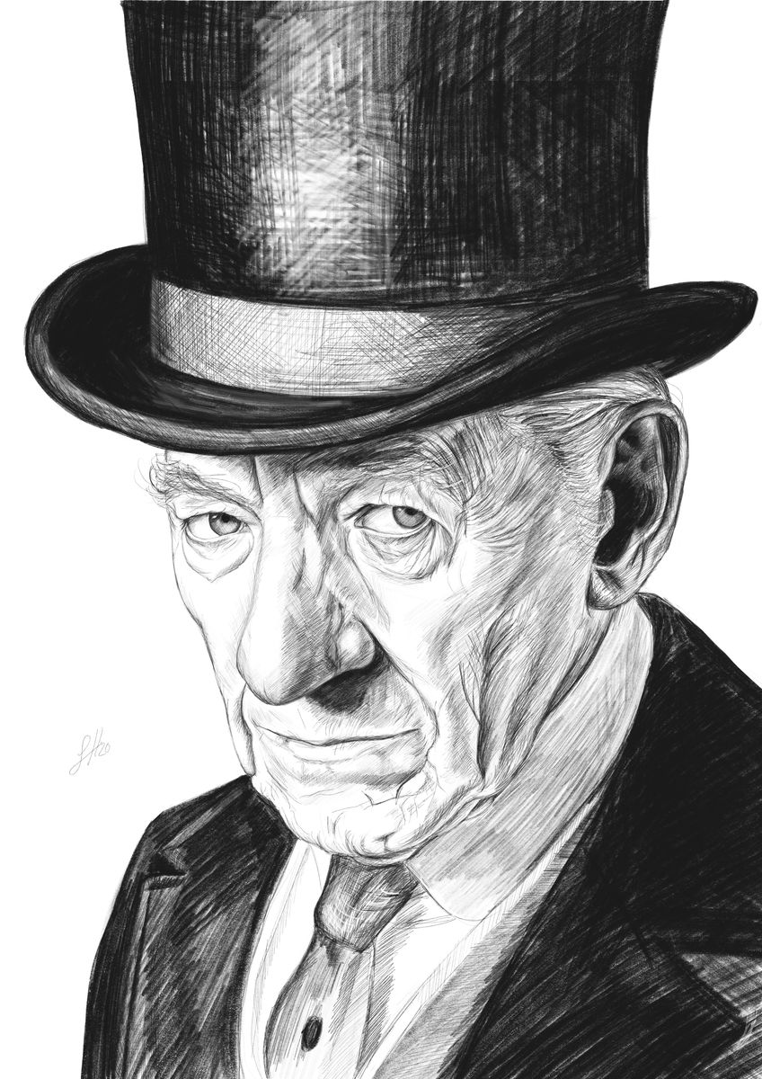 A black and white pencil drawing of Ian McKellen wearing a black top hat and portraying Sherlock Holmes looking out sternly at the viewer. Signed with Sophie Hall's monogram.