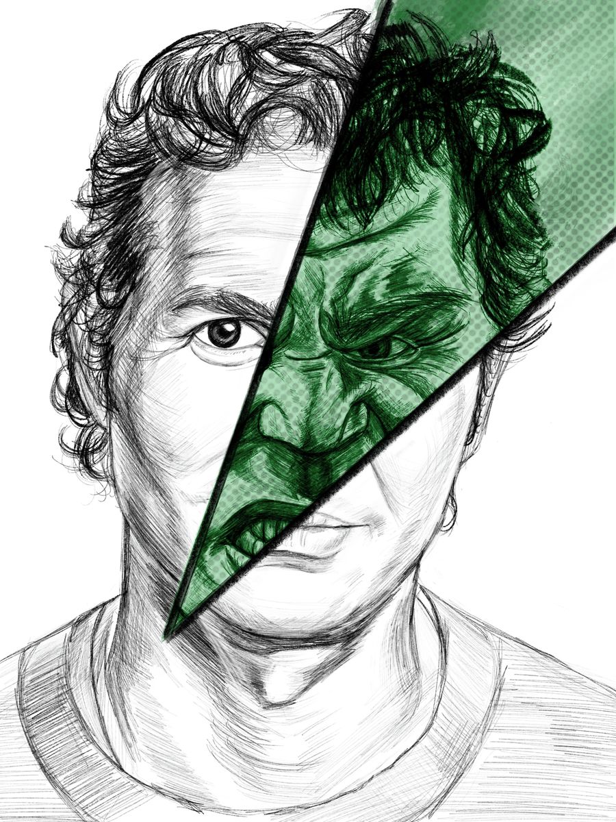 A pencil drawing portrait of Bruce Banner, as played by Mark Ruffalo, showing a split image with most of the face depicting a calm expression and a cut through green section showing an angry expression resembling the Hulk.