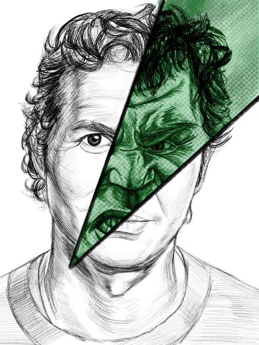 A pencil drawing portrait of Bruce Banner, as played by Mark Ruffalo, showing a split image with most of the face depicting a calm expression and a cut through green section showing an angry expression resembling the Hulk.