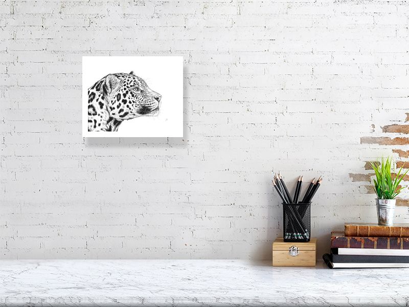 A small pencil portrait drawing of a jaguar with a detailed and lifelike depiction, hanging on a white brick wall above a desk.