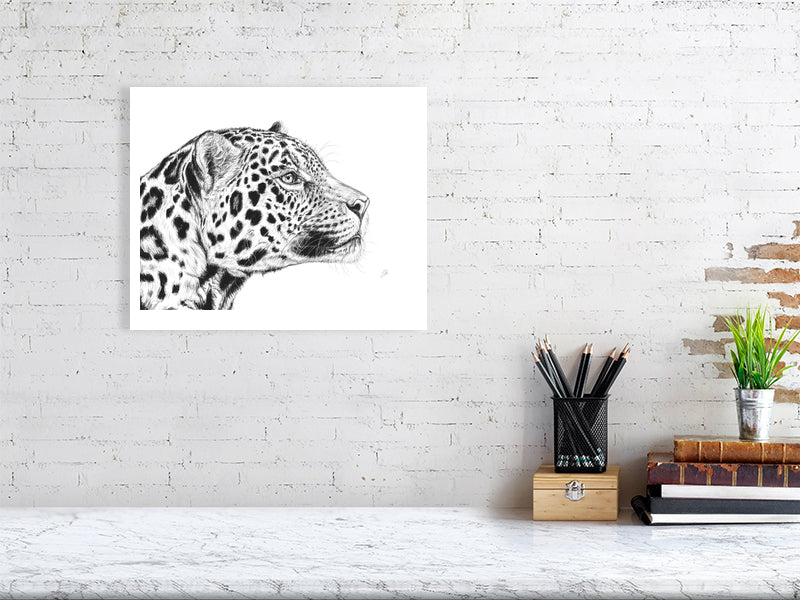A large pencil portrait drawing of a jaguar with a detailed and lifelike depiction, hanging on a white brick wall above a desk.
