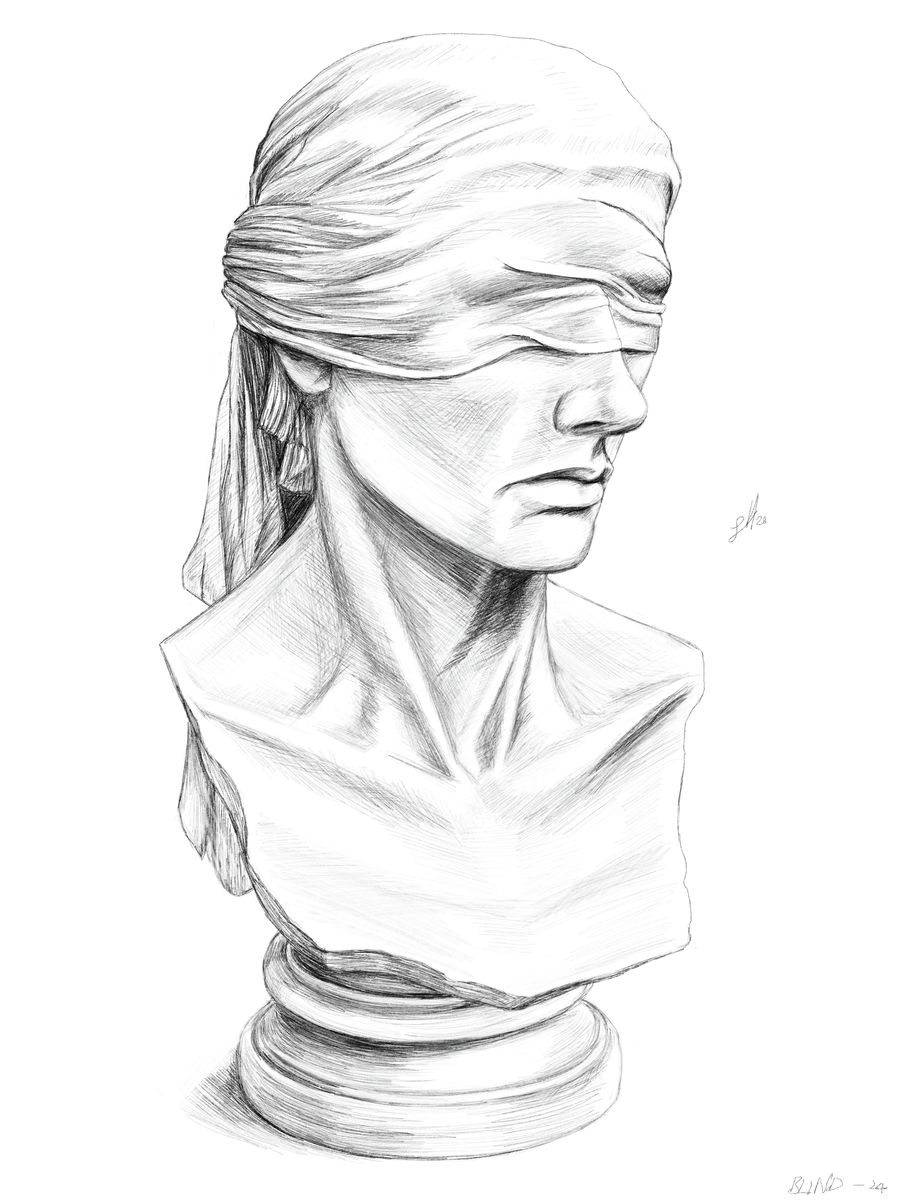 A pencil drawing of a blindfolded justice statue, executed with fine detail in a monochrome style, signed by Sophie Hall.