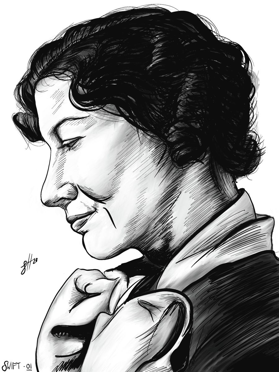 A black and white ink drawing of a woman with her head slightly tilted, looking off to the side. The artwork is of Kay Swift, and signed by the artist, Sophie Hall.
