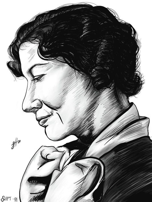 A black and white ink drawing of a woman with her head slightly tilted, looking off to the side. The artwork is of Kay Swift, and signed by the artist, Sophie Hall.