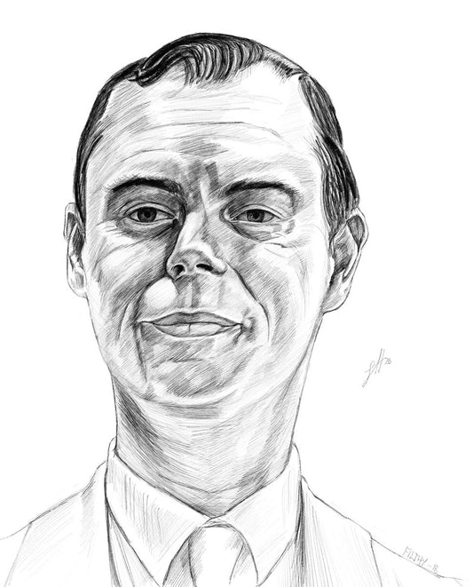 A pencil drawing portrait of Kevin Eldon as the Cleaner from the TV series Black Books. Signed in the corner by the artist Sophie Hall.