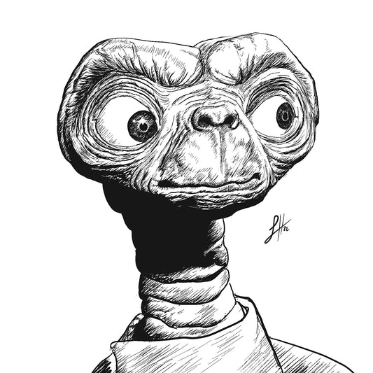 A detailed monochrome ink drawing of ET, the alien creature from the film 'ET', Signed on the right side with Sophie Hall's monogram.