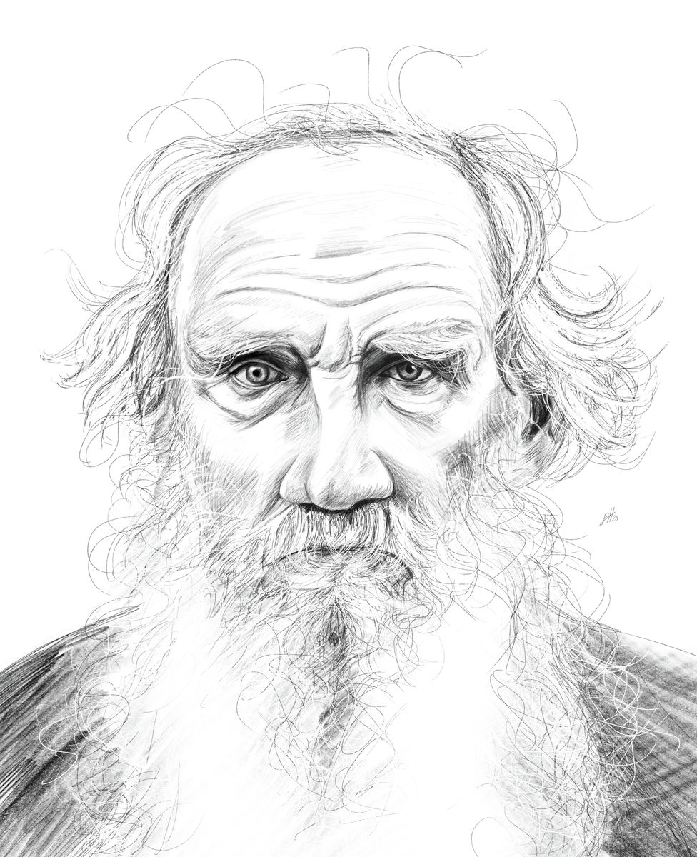 A traditional pencil drawing of Leo Tolstoy with intricate details, showcasing his facial features and wild hair.