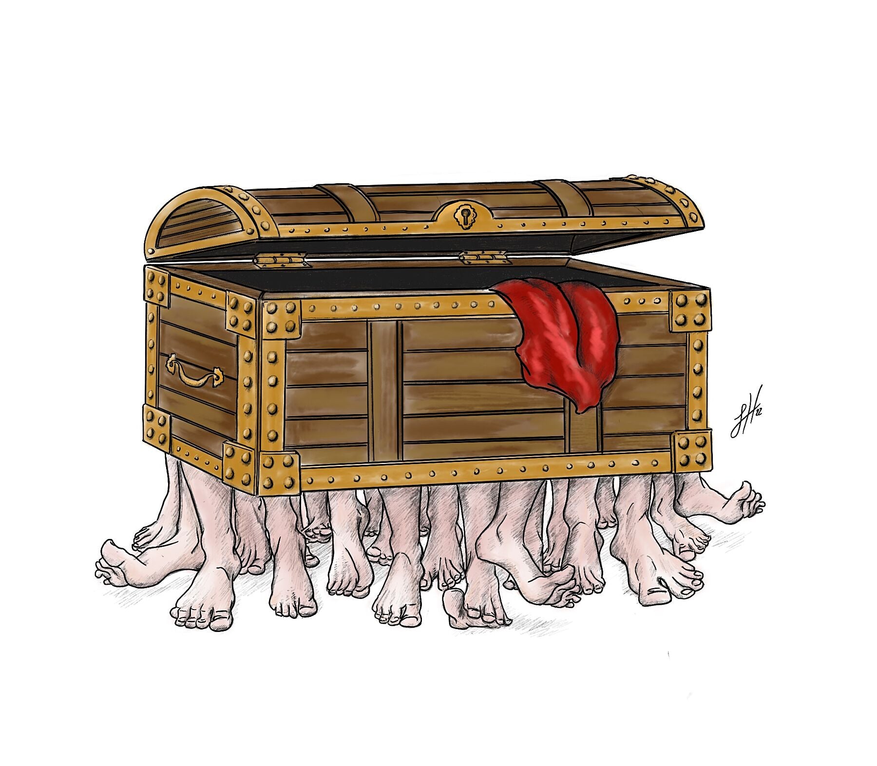 Original ink painting of the Luggage from Terry Pratchett's Discworld, with a large anthropomorphised chest carried on multiple feet tripping over each other. Monogram signed by Sophie Hall.