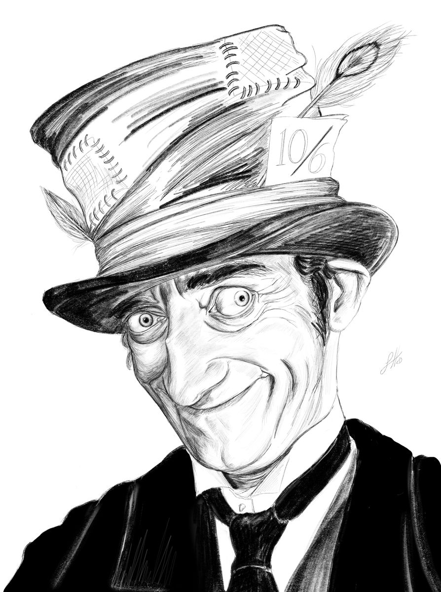 A pencil portrait drawing of actor Marty Feldman as the Mad Hatter, characterized by a whimsical expression and a decorative hat. Signed by Sophie Hall.