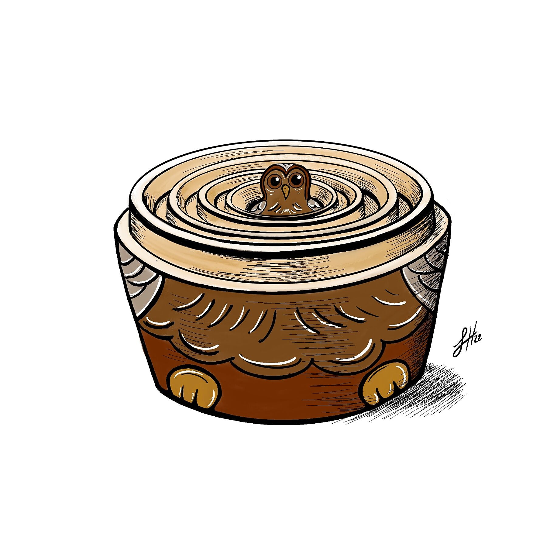 A digital ink illustration of a Russian Nesting Doll in the style of a brown owl, with the smallest doll visible sitting in the stacked bases of the other dolls. Signed in monogram by Sophie Hall.
