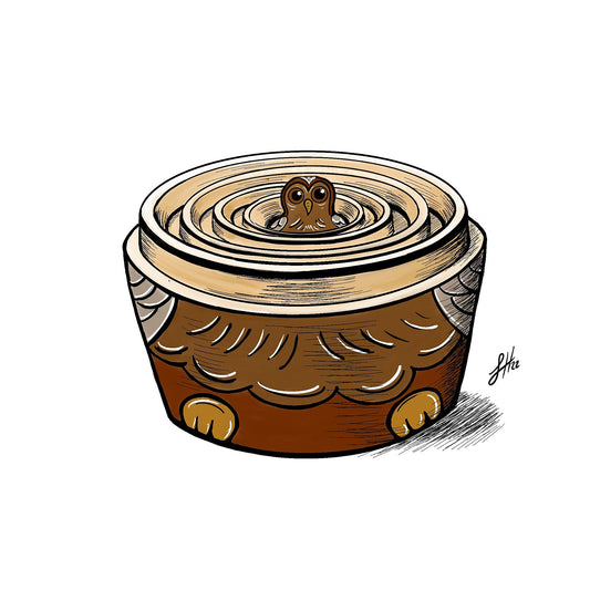 A digital ink illustration of a Russian Nesting Doll in the style of a brown owl, with the smallest doll visible sitting in the stacked bases of the other dolls. Signed in monogram by Sophie Hall.
