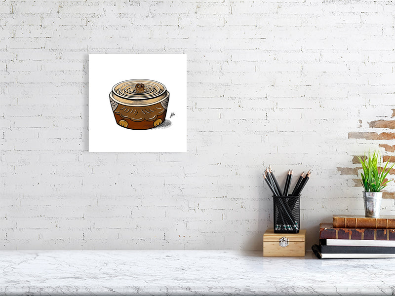 A medium unframed digital ink illustration of a Russian Nesting Doll in the style of a brown owl, with the smallest doll visible sitting in the stacked bases of the other dolls. Hanging on a white brick wall.