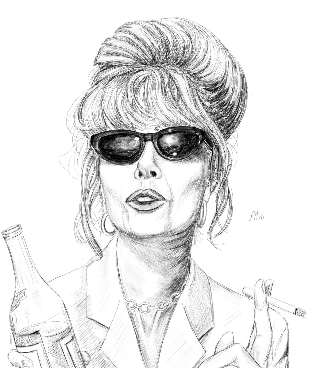 A pencil drawing of Patsy from the British comedy series Absolutely Fabulous, as played by Joanna Lumley, weating sunglasses. Signed by Sophie Hall.