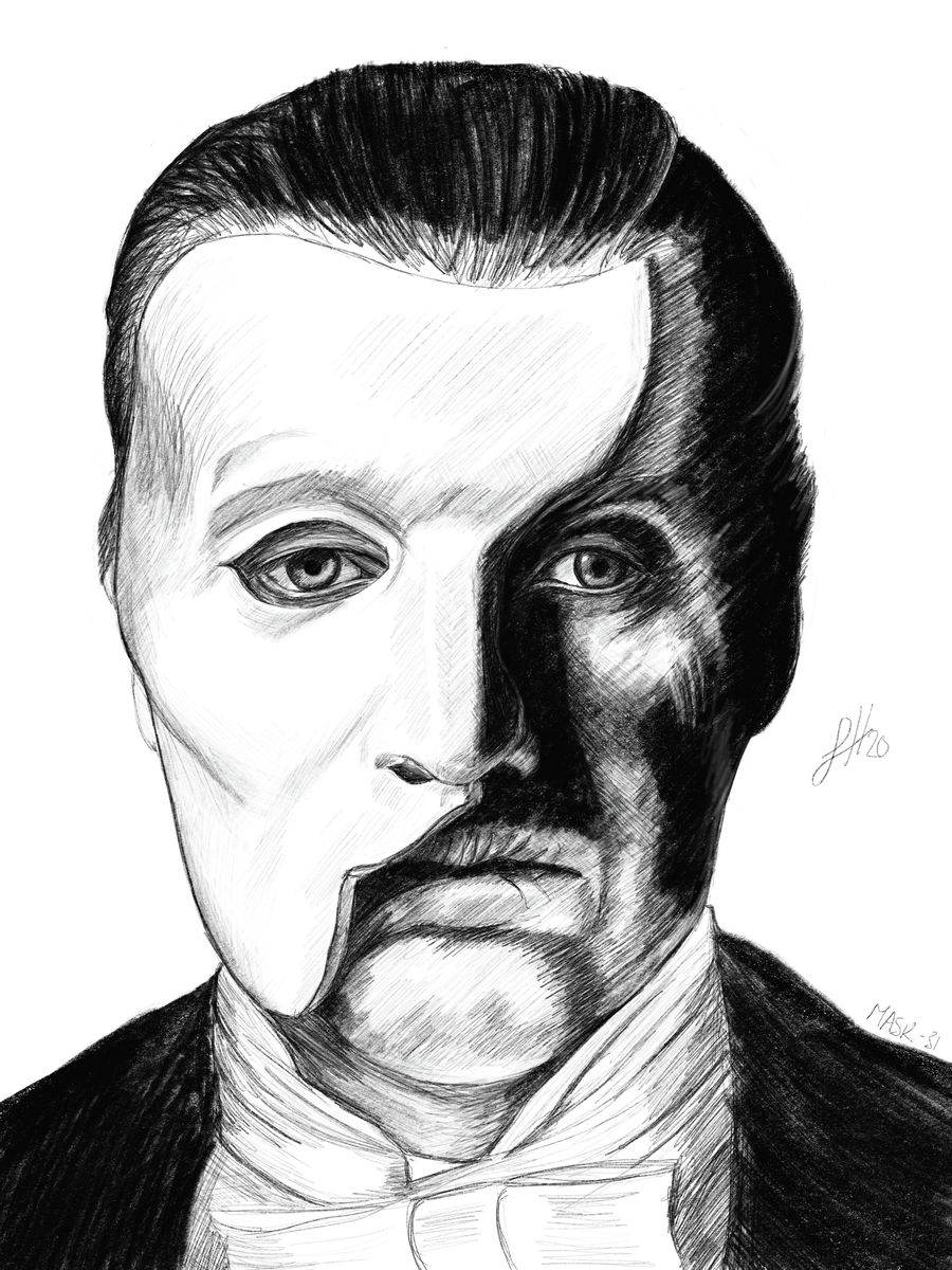 A monochrome pencil drawing of the Phantom of the Opera, with a split portrait showing the character's face and iconic white half mask. Signed on the right by Sophie Hall.