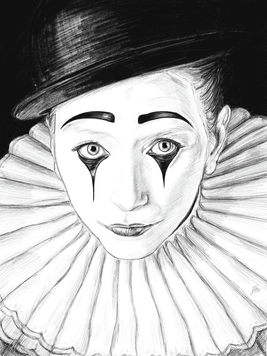 A monochrome pencil drawing of a sad Pierrot clown with white face paint, black hat, and large white collar. Signed with Sophie Hall's monogram.