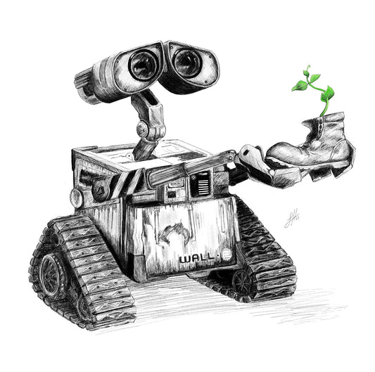 A detailed pencil drawing of the iconic character Wall-E with an endearing expression and holding a small plant growing out of a boot. Signed by Sophie  Hall.