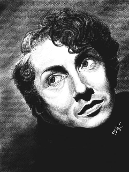 A detailed black and white pencil drawing of Quentin Crisp, featuring expressive facial features and a direct gaze. Signed in the right corner with Sophie Hall's monogram.