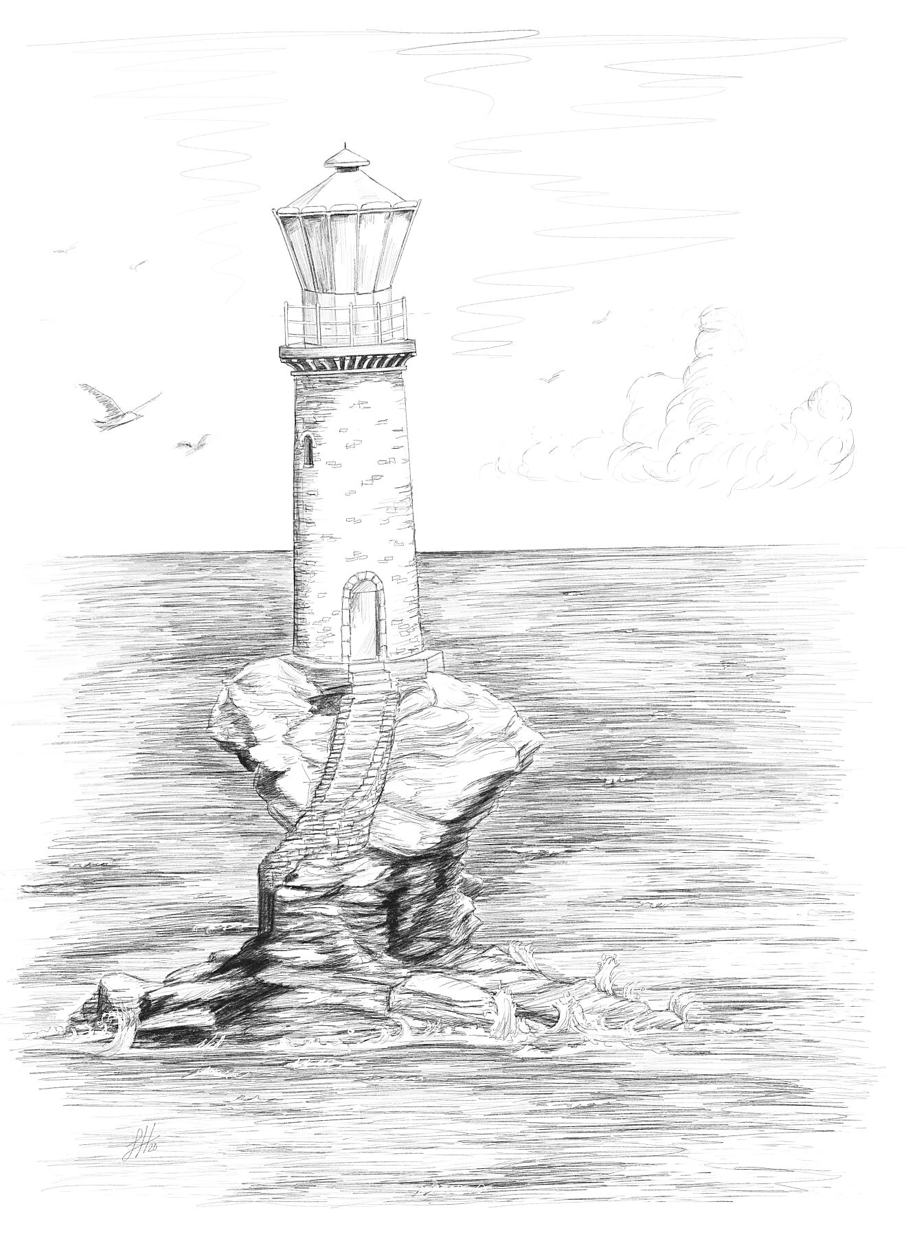 An intricate pencil drawing of a lighthouse standing on a remote eroded rock in the middle of the sea. Signed by Sophie Hall.