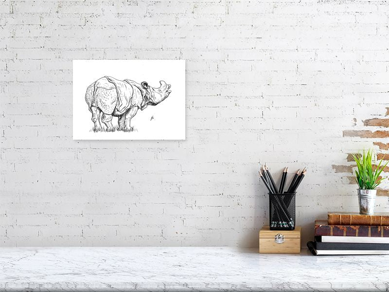A small unframed contemporary ink drawing of a rhinoceros. Monogram signed by Sophie Hall and hanging on a white brick wall above a desk.