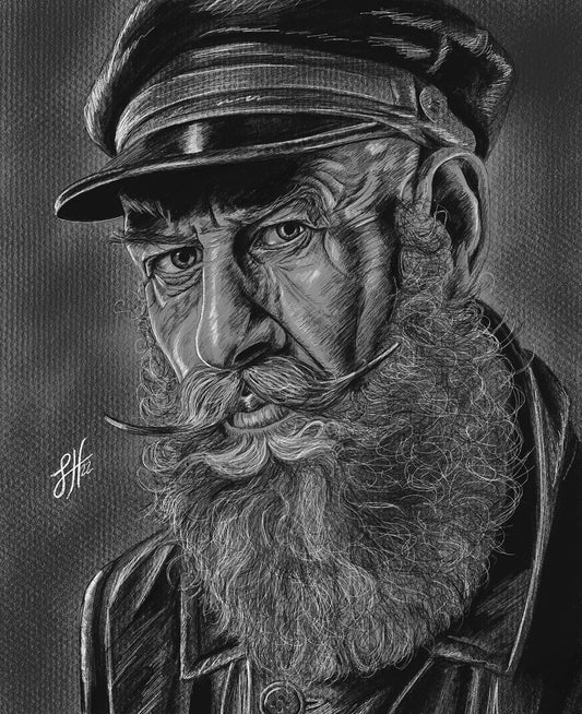 A detailed and intricate pencil and chalk portrait drawing of an old sailor with a large moustache, bushy beard and black sailor cap. Signed by Sophie Hall.