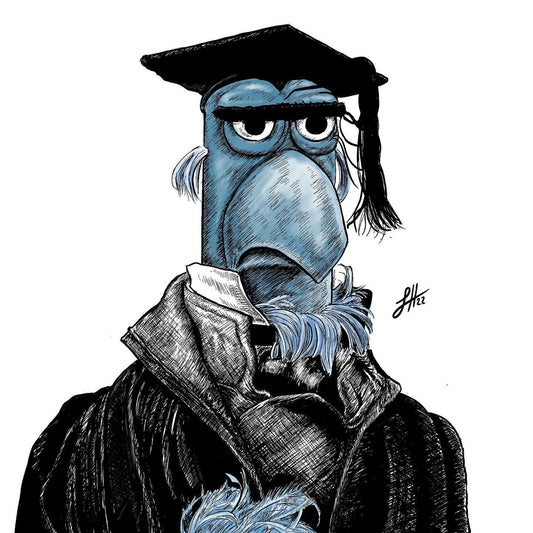 A detailed ink drawing of Sam the blue Eagle from the Muppets Christmas Carol, wearing a black coat, white shirt, and black teacher mortar board hat. Monogram signed on the right by Sophie Hall.