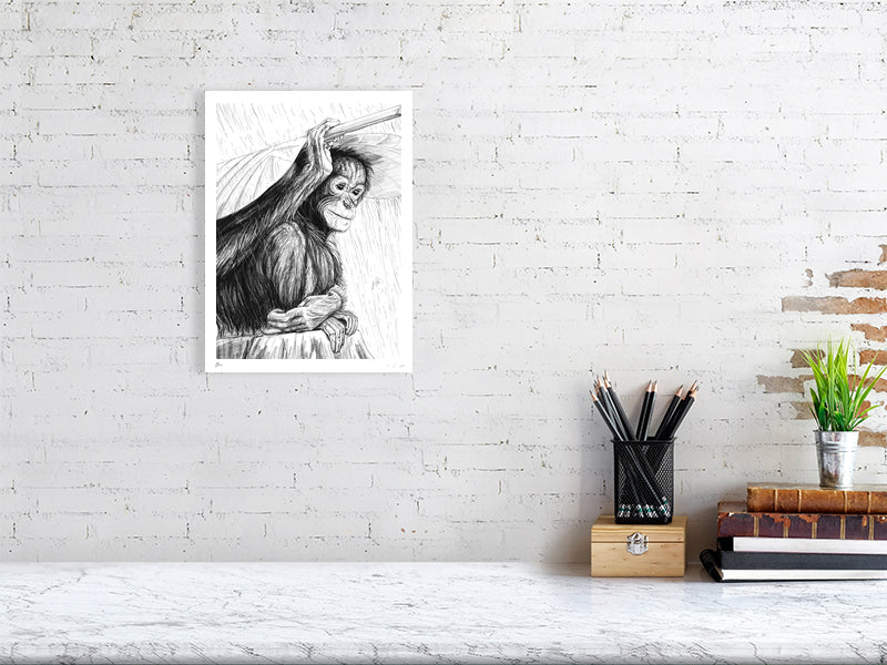 A medium size unframed pencil drawing of a young orangutan sitting on a log in the rain holding a large leaf as an umbrella. Signed by Sophie Hall and hanging on a white brick wall above a desk.