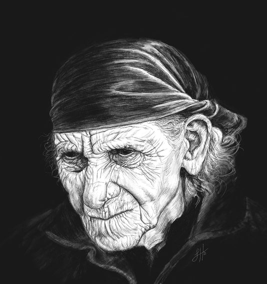 A highly detailed monochrome pencil drawing portrait of a very wrinkled person with white wispy hair and a bandana, on a black background. Signed in the right corner SH '21.