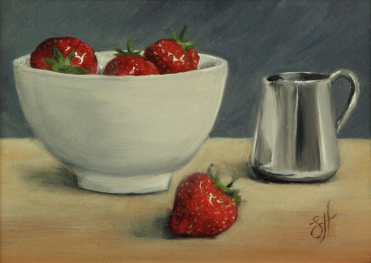 A traditional still life oil painting featuring a bowl of strawberries and a silver cream jug on a wooden surface, signed by Sophie Hall.