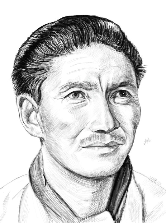 A pencil drawing portrait of Tenzing Norgay, a legendary explorer known for climbing Everest.