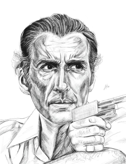 A pencil portrait drawing of Christopher Lee as Antonin Scaramanga from The Man with the Golden Gun, holding the eponymous gun. Signed by Sophie Hall.