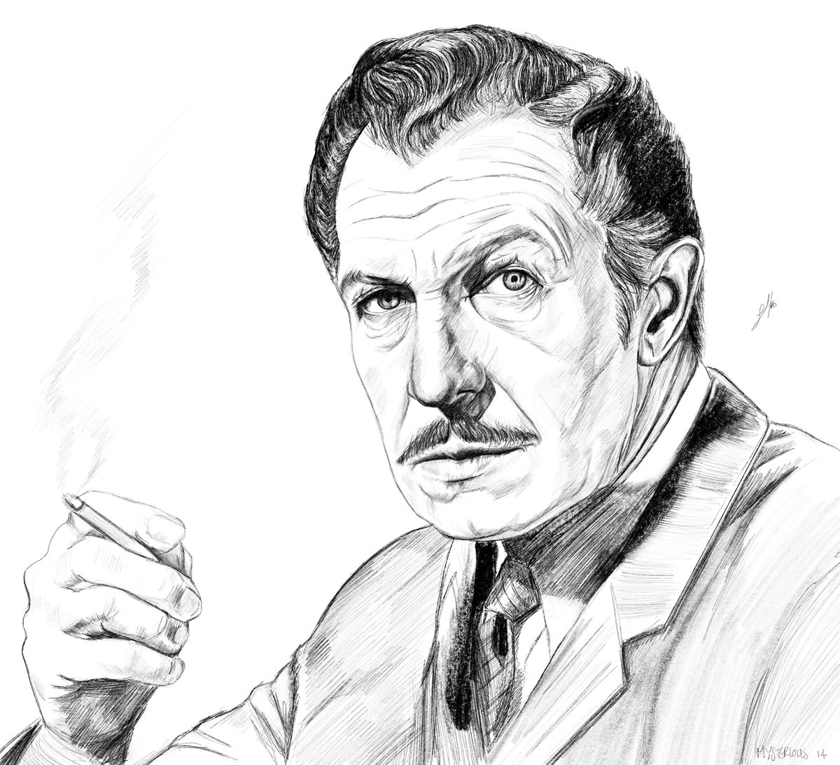 Hand-drawn pencil portrait of Vincent Price, iconic horror actor, with monochrome detailing and signed by the artist.
