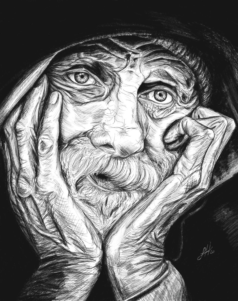 A detailed portrait pencil drawing depicting an elderly man with his chin in his hands and a contemplative expression gazing directly at the viewer. Signed on the right corner by Sophie Hall.
