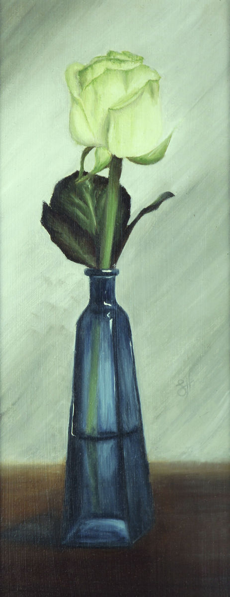 A traditional style oil painting of a white rose in a blue bottle, on a light background, signed by the artist Sophie Hall.