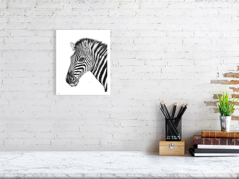 A small unframed pencil drawing of a zebra, hanging on an white brick wall over a marble desk.